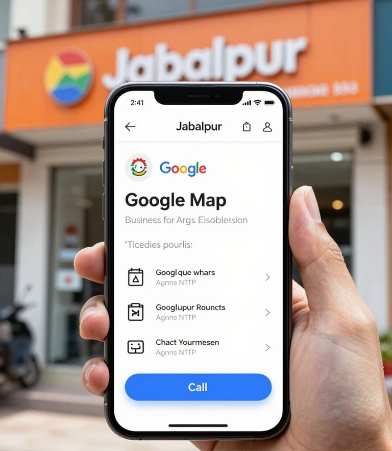 Bright daylight shot of a modern smartphone screen displaying a Google Maps business listing with a prominent blue Call button, Jabalpur storefront background, sharp focus, 35mm