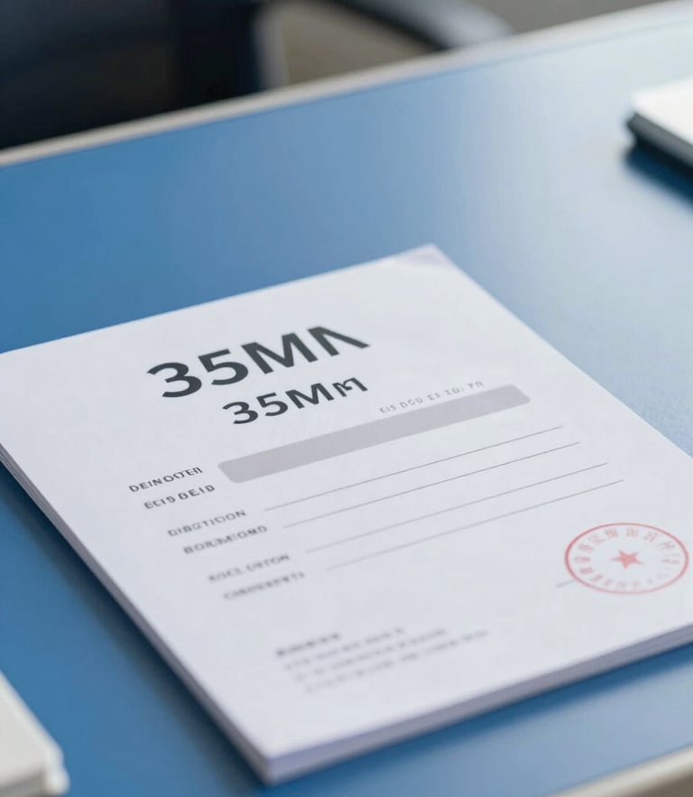 A close-up of a neat vehicle registration certificate on a clean blue desk, bright daylight, professional corporate photography, 35mm