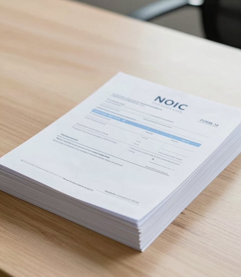 A neat stack of official bank NOC documents and Form 35 on a clean wooden desk, bright natural light, professional corporate photography, 35mm