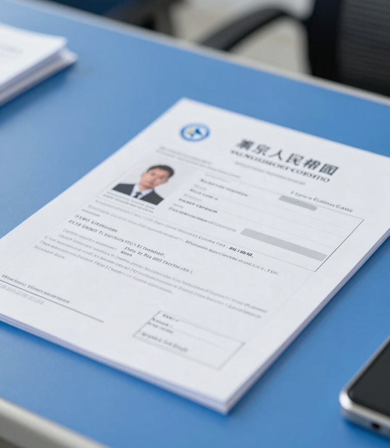 Close-up of official vehicle documents and registration certificate on a clean blue desk, bright corporate lighting, sharp focus