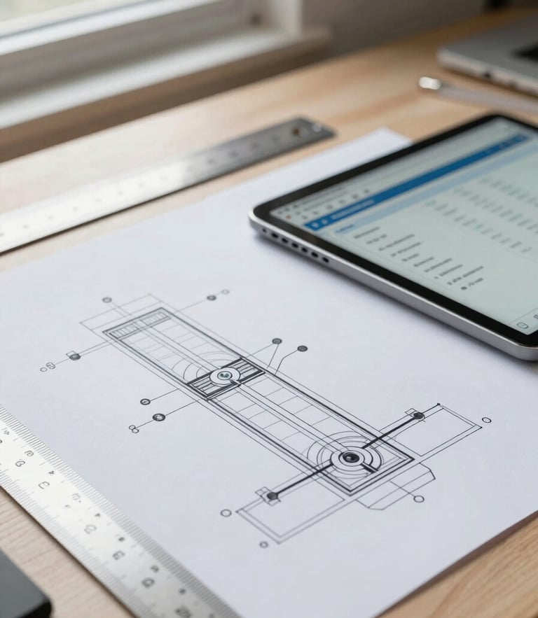 Macro shot of a clean technical workspace with a physical workflow diagram, architectural ruler, and a tablet displaying a clean data dashboard under natural window light.
