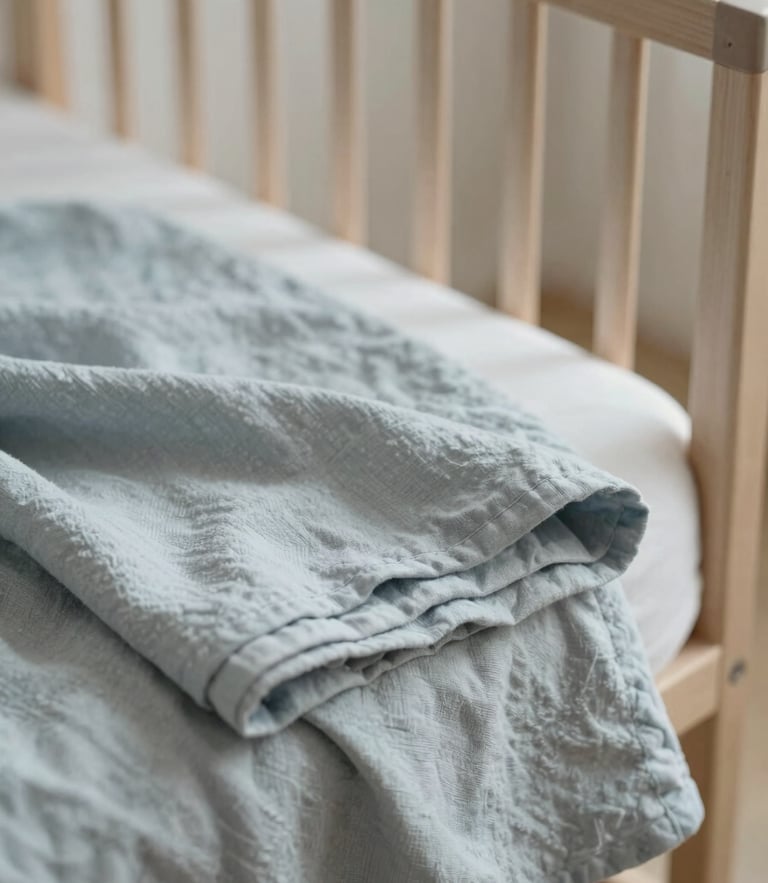 Soft diffused daylight on a folded linen blanket near a wooden crib, peaceful neutral tones, shallow depth of field