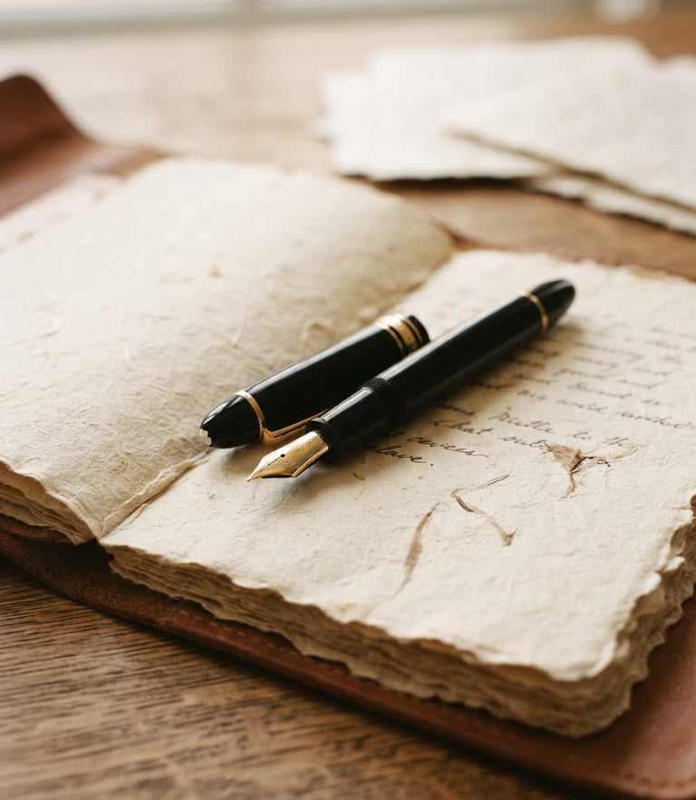 Tactile detail of a fountain pen resting on a heavy parchment notebook, soft natural window light, muted neutral tones, shallow depth of field, 35mm film grain