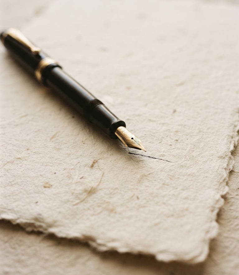 Close-up of a fountain pen resting on heavy textured cotton paper, warm diffused window light, soft shadows, minimalist literary aesthetic.