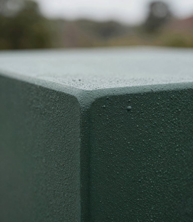 Close-up of weather-resistant dark green textured resin material, soft overcast daylight, shallow depth of field, 35mm