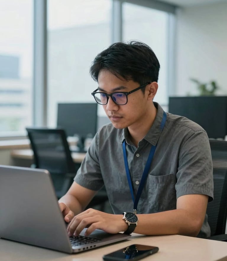 A professional Indonesian journalist working on a laptop in a modern Jakarta newsroom, soft natural window light, cool tones, 35mm lens.