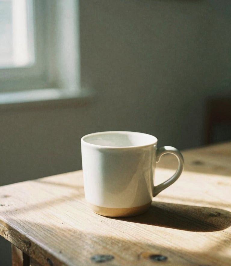 Soft editorial photography of a quiet sunlit room, a warm ceramic mug resting on a rustic wooden table, dappled window shadows, muted sage and warm cream tones, shallow depth of field, 35mm film style