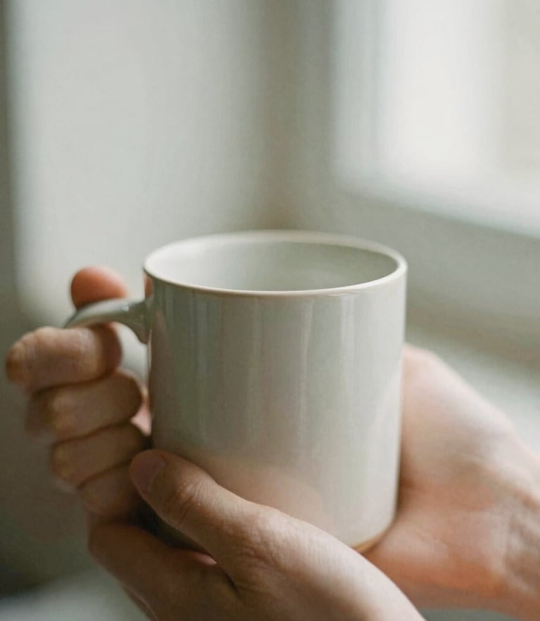 A close-up of a warm ceramic mug held by two hands, soft morning light, muted sage and warm cream tones, shallow depth of field, 35mm film feel