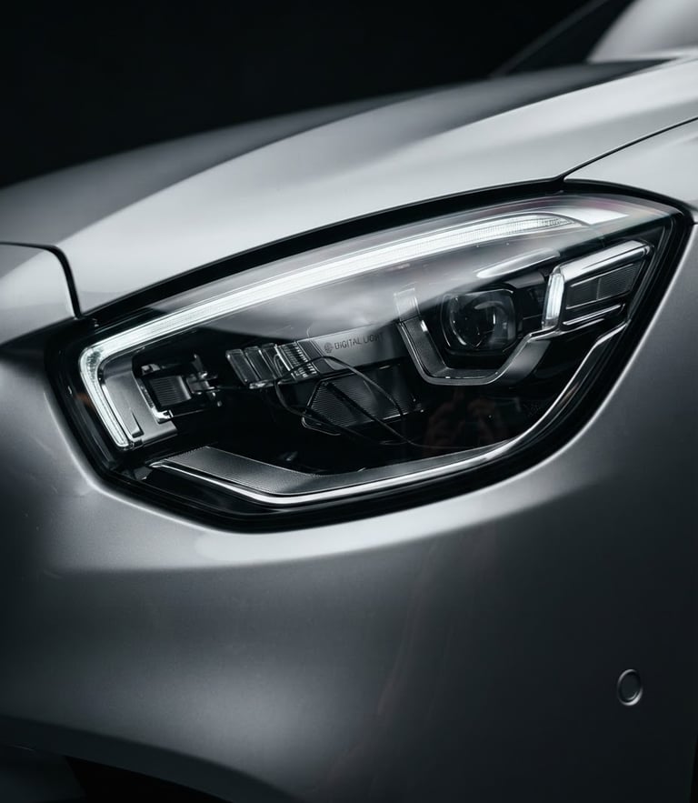 Low-angle heroic close-up of a polished silver luxury sedan headlight, sharp metallic reflections, dramatic low-key studio lighting, 50mm lens, dark background