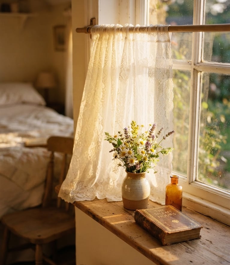Warm golden-hour sunlight filtering through a white-curtained window of a cottage, soft yellow shadows, 35mm film style