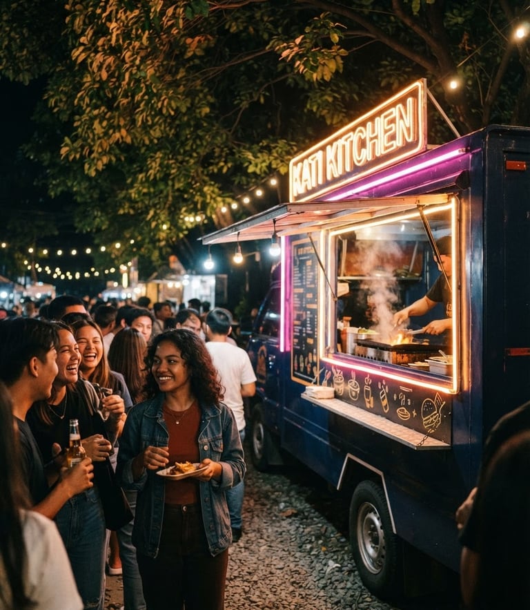 Vibrant food truck lit up at night under Katipunan trees, warm glowing neon signs, happy young crowd waiting in line, 35mm lens