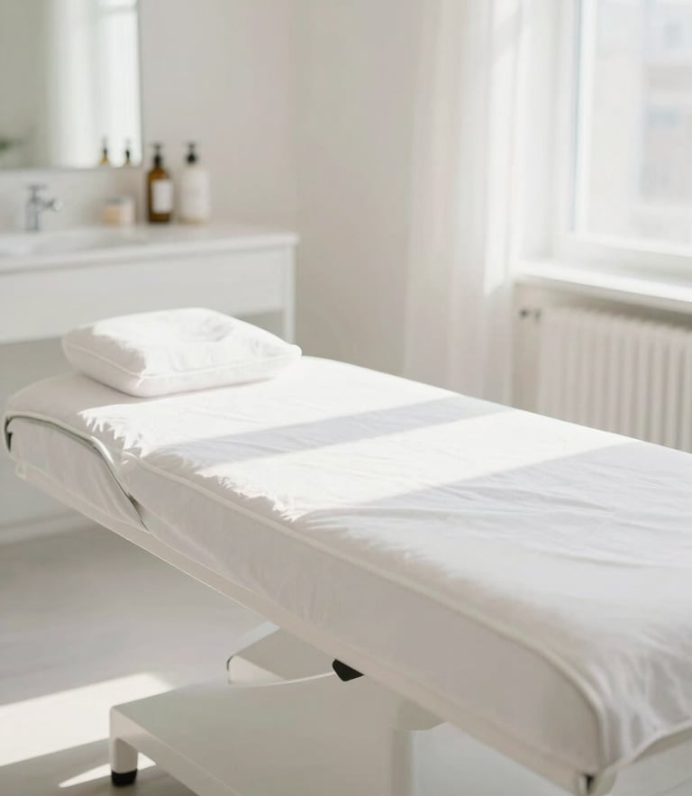 Bright sun-drenched treatment room with minimalist white furniture, soft natural daylight, shallow depth of field, 35mm