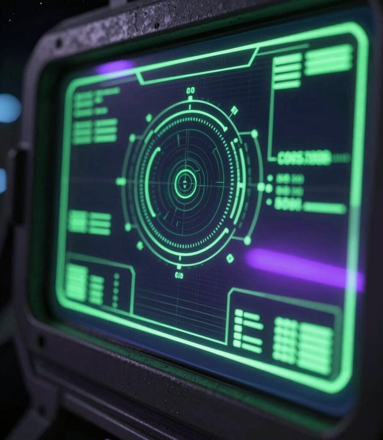 Extreme close-up of a holographic ship terminal HUD glowing neon green and purple in a dark cockpit, sharp industrial details, 35mm cinematic sci-fi