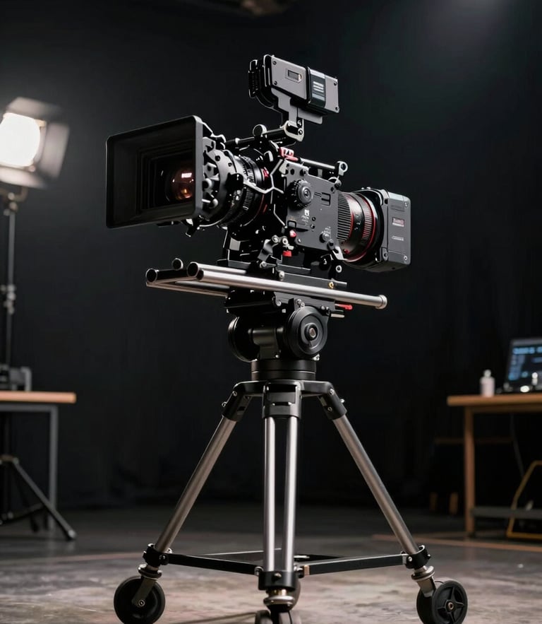 A low-angle, high-contrast cinematic portrait-oriented still of a large-scale camera rig on a dark soundstage. Dramatic chiaroscuro lighting, subtle anamorphic lens flares, deep shadows, and professional film set environment.