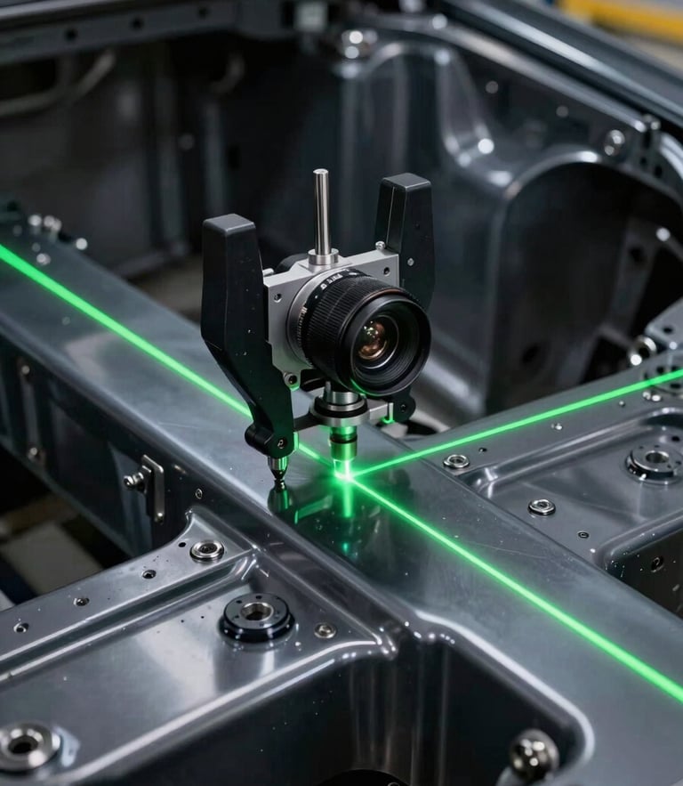 Macro shot of a high-end laser alignment tool calibrating a dark metallic car chassis in a spotlessly clean, high-contrast workshop, bright green laser lines reflecting off polished charcoal paint, 35mm lens, sharp focus
