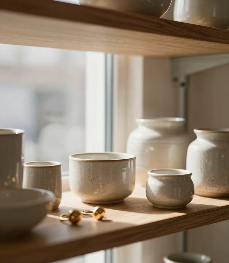 Warm editorial photography of a beautifully arranged boutique shelf with textured ceramics and brass jewelry catching soft afternoon window light, shallow depth of field, 35mm