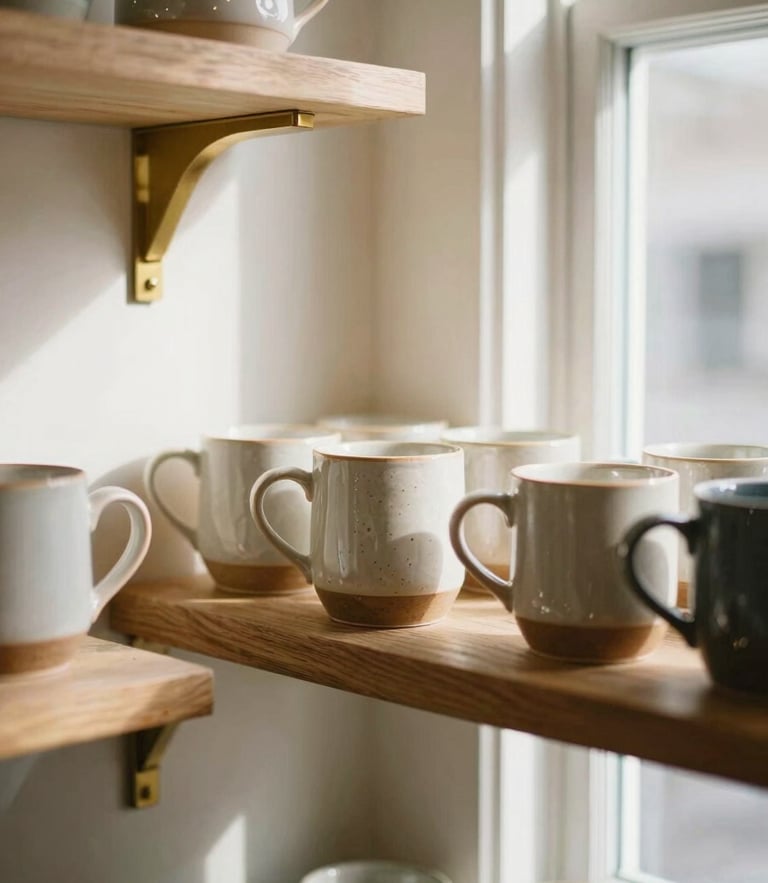 Close-up of a sunlit corner in a New England boutique, warm brass fixtures, textured ceramic mugs on oak shelves, soft window light, 35mm
