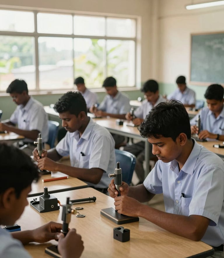 Wide shot of a structured vocational training center in Sri Lanka, skilled technical students in clean uniforms working with precision tools, bright natural window light.