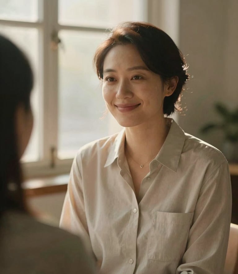 A warm portrait of a counselor smiling gently in a sunlit room, soft golden-hour window light, muted sage and cream tones, shallow depth of field.