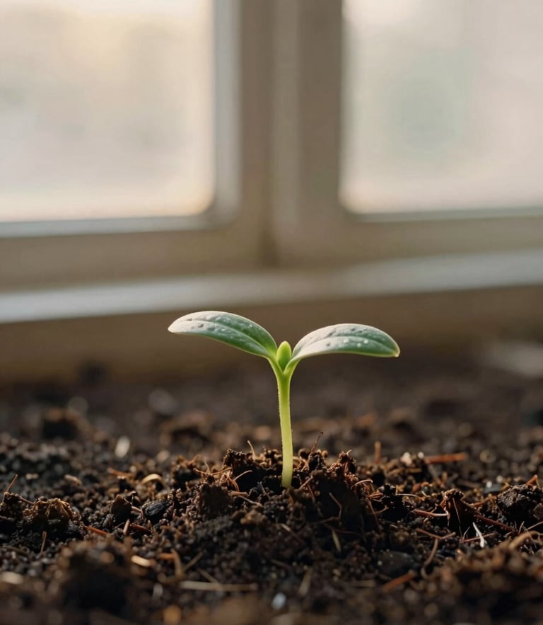 A small green seedling sprouting from rich dark soil, captured in warm golden-hour window light with a soft, blurry background, 35mm photography