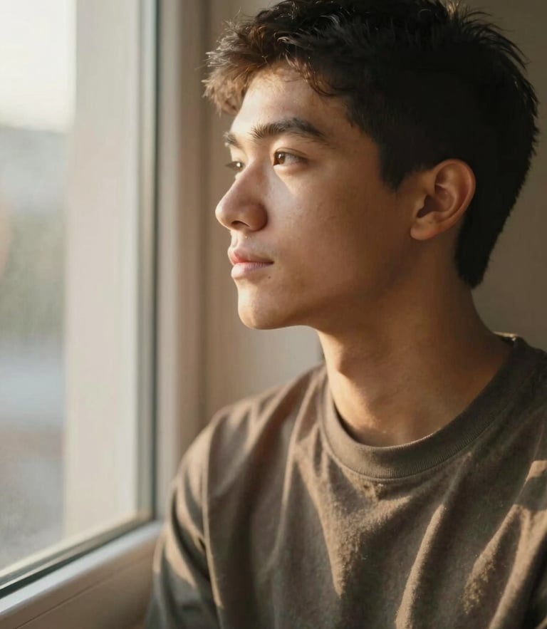 A warm, respectful portrait of a young adult student looking out a window, soft natural window light, shallow depth of field, 35mm style.