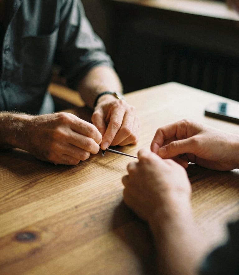 Warm natural light illuminating a quiet conversation across a wooden table, soft focus on hands, 35mm film style.