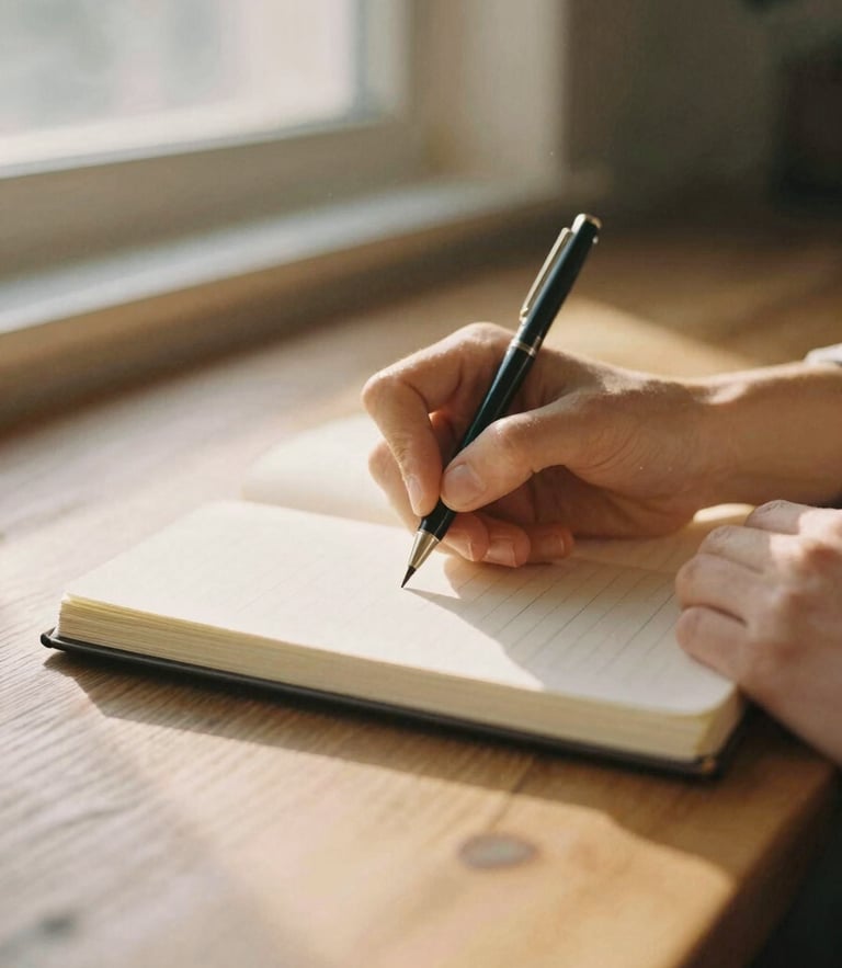 A warm, natural golden-hour close-up of hands writing in a journal on a wooden table, soft window light, shallow depth of field, 35mm film style