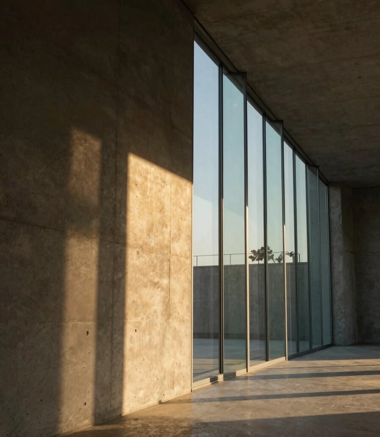 One-point perspective interior crop, dramatic low-angle golden hour light casting long, sharp shadows across a raw concrete wall and hand-poured glass panels, minimalist architectural volume.
