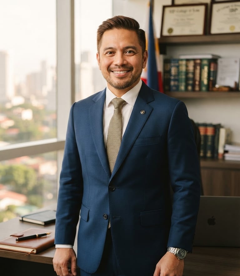 Approach-focused professional headshot of a Filipino lawyer in a modern Manila office, soft natural daylight, warm gold highlights, 35mm lens.
