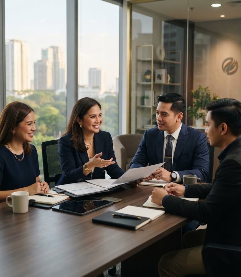 Approachable Filipino corporate partners in a modern Manila office, soft warm daylight, deep navy and gold accents, professional editorial photography, 35mm lens