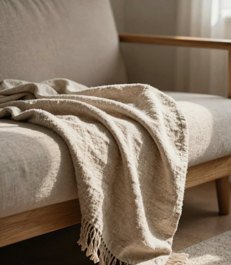 A heavy-weight oatmeal Belgian linen blanket draped over a low-slung wooden sofa, soft directional morning light, gentle shadows, 35mm