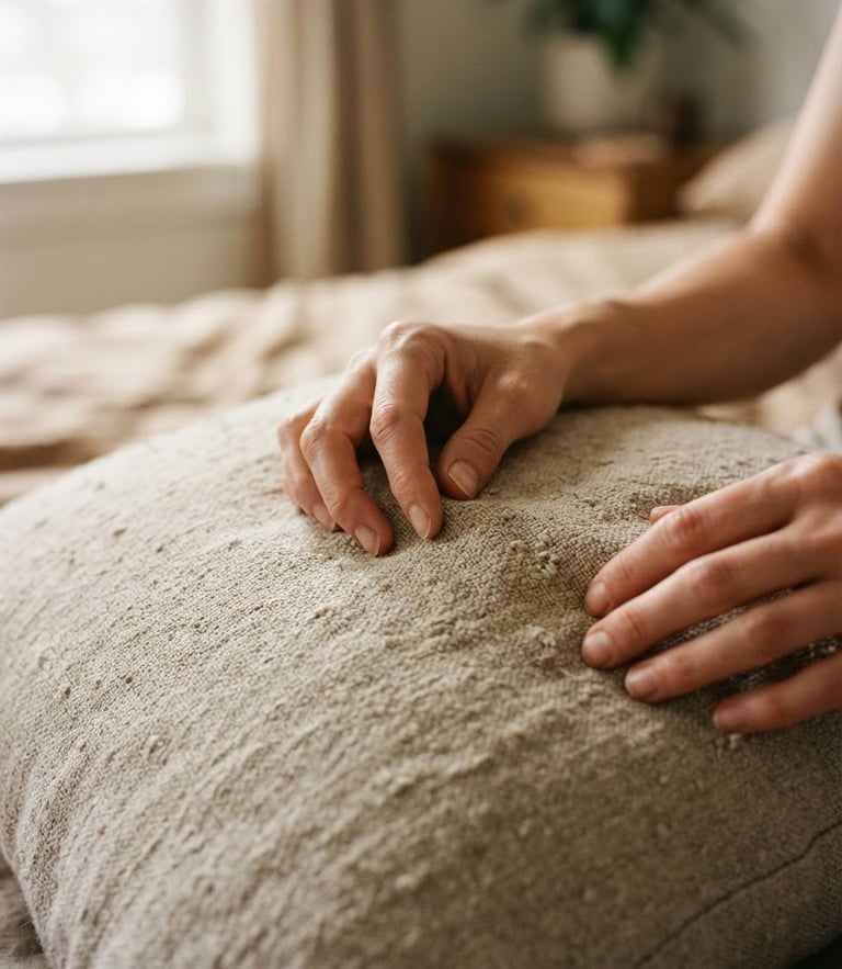 Close-up of hands feeling the raw texture of an oatmeal-colored linen pillow cover, soft morning window light, shallow depth of field, 35mm