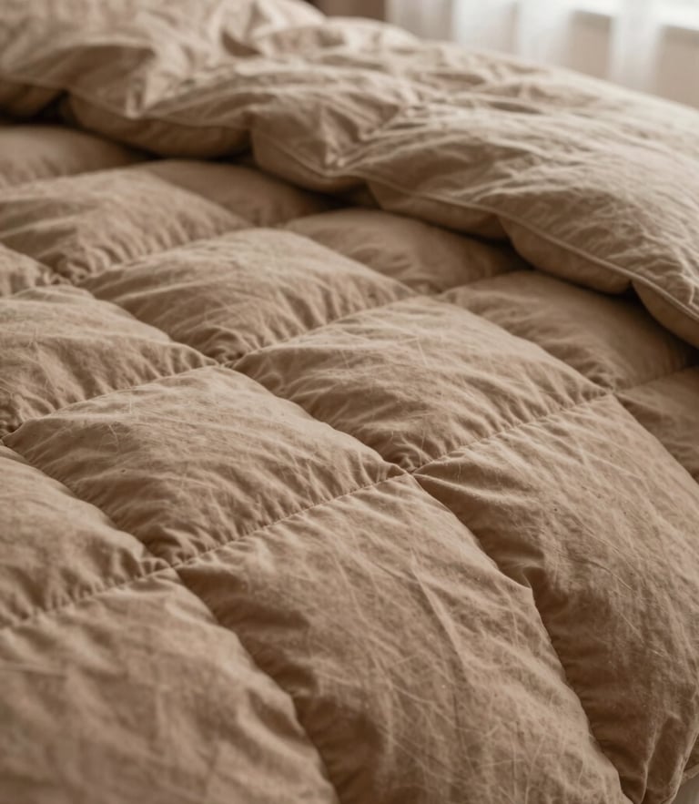 Tight macro shot of a rumpled clay-colored cotton bed quilt, showing the detailed hand-quilted stitching and raw unspun texture, soft morning side light, shallow depth of field