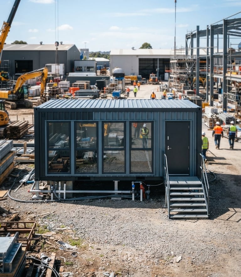 Wide-angle architectural shot of a pristine, newly delivered modular office container on an active industrial site, bright natural daylight, high-contrast slate and steel tones
