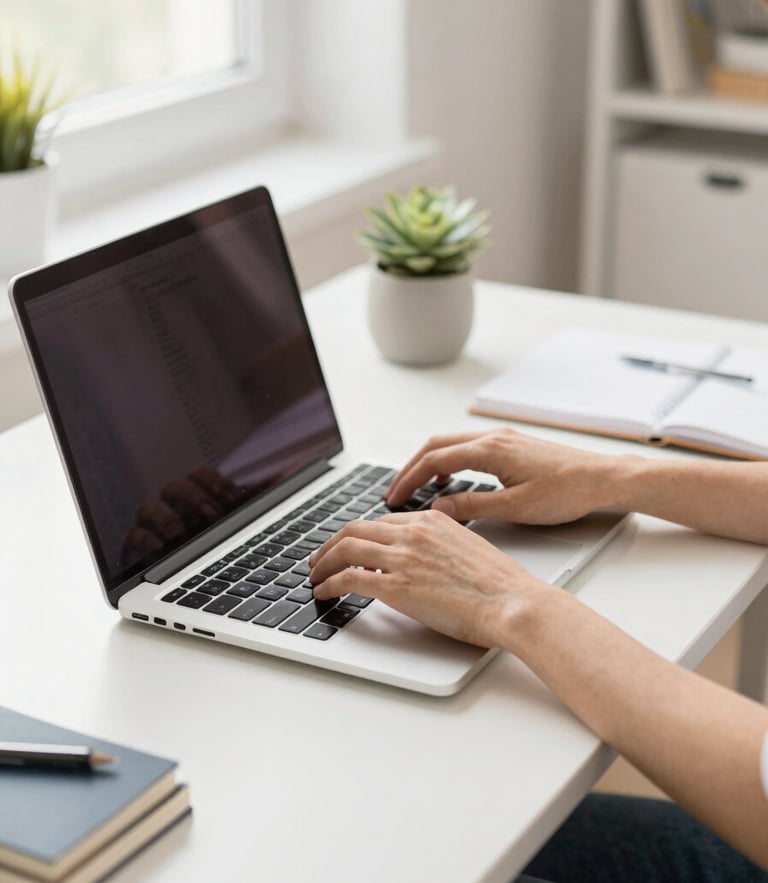 Bright editorial photography of a clean home office workspace, natural daylight, hands typing on a laptop, warm friendly tones, shallow depth of field