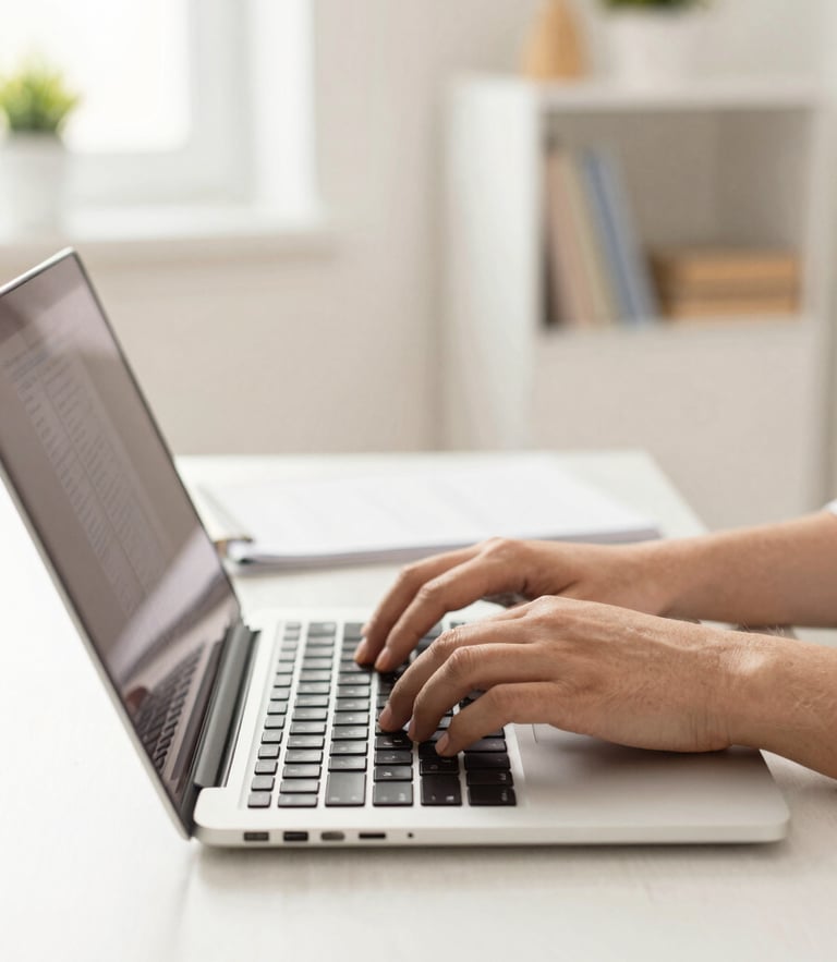 Bright editorial photography of hands typing on a laptop in a clean home office setting, warm natural daylight, friendly tech atmosphere