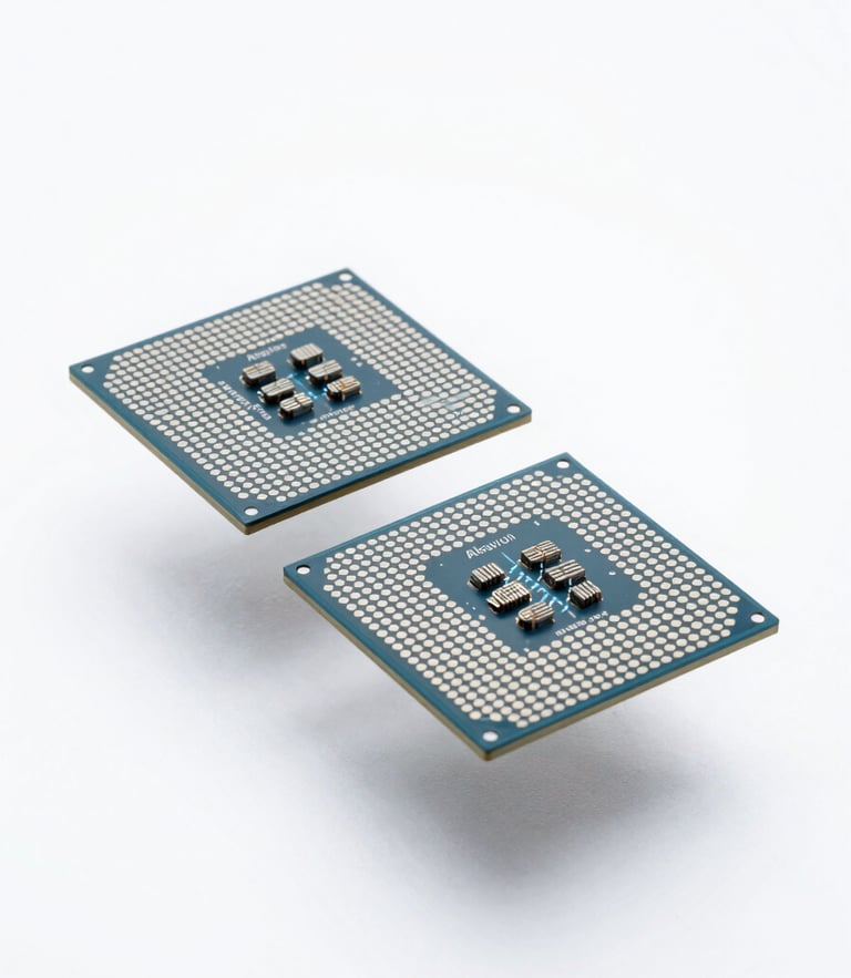 Exploded-view technical schematic of the Alkavion Pro titanium core processor, high-key clinical studio lighting, deep blue and white highlights, ultra-sharp macro detail
