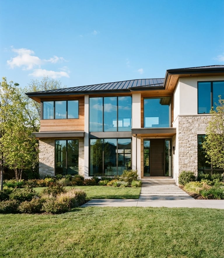 Crisp architectural photography of a modern luxury home with sparkling clean windows reflecting bright morning sunlight and blue sky, 35mm