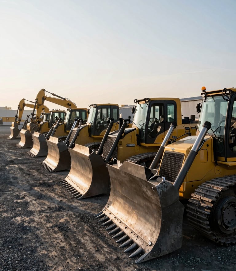 Pristine fleet yard at sunrise, heavy bulldozers and excavators lined up neatly, high-contrast morning daylight casting long shadows on gravel.