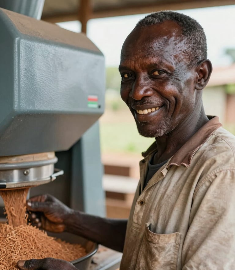 Close-up portrait of a Rwandan cooperative farmer smiling next to a modern grain processing machine, warm natural daylight.