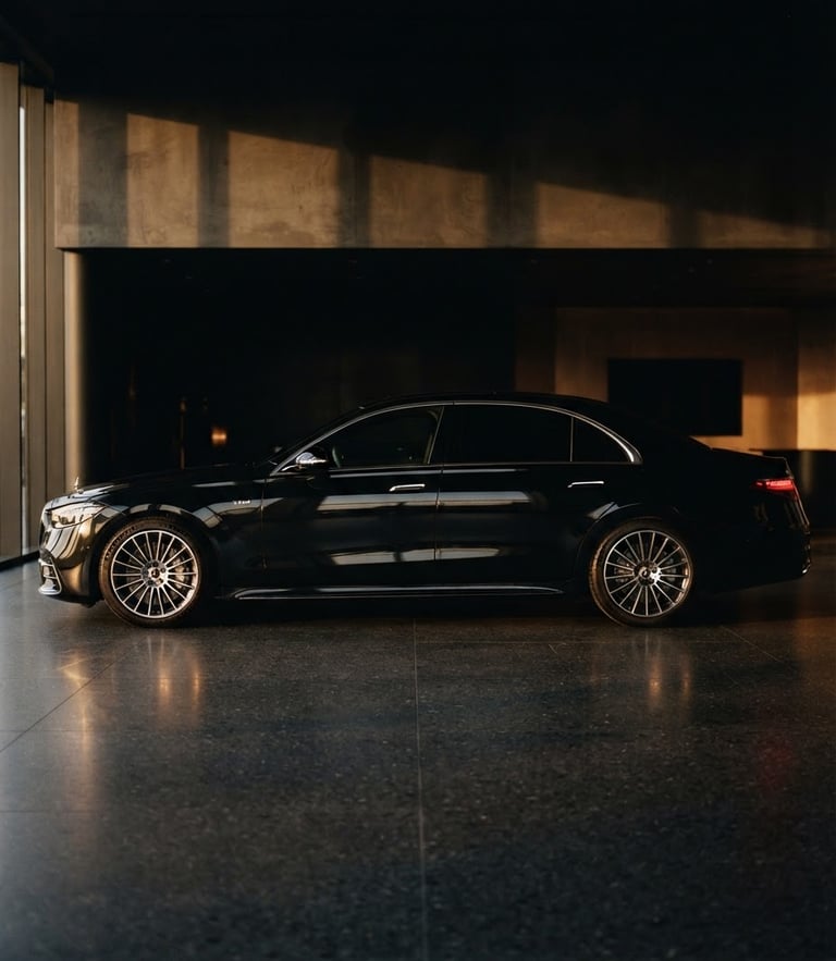 Studio-quality profile of a black Mercedes-Benz S-Class parked in a dark, minimalist showroom, dramatic side lighting reflecting off clean metallic lines, 35mm cinematic style.