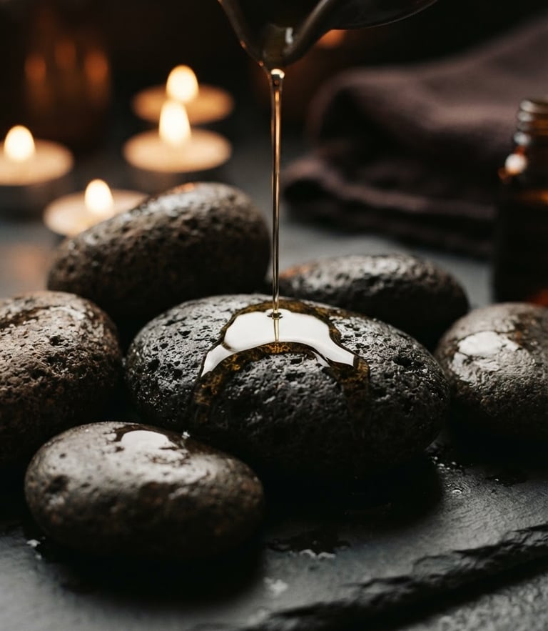 Close-up of warm oil trickling onto basalt stones, soft candlelight, low-key ambient glow, shallow depth of field, 35mm