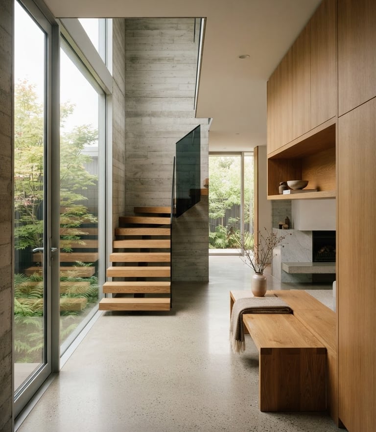 Fotografía arquitectónica de un espacio interior minimalista y luminoso, paredes de concreto pulido, detalles de madera noble y luz natural difusa.