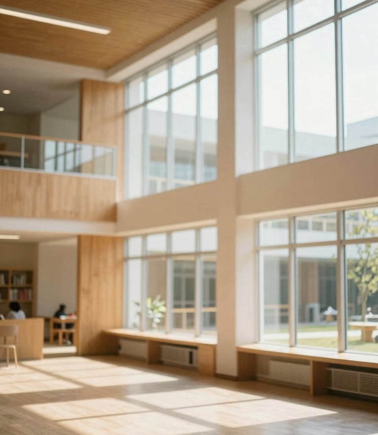 Bright architectural photography of a modern school atrium with high ceilings, glass walls, warm oak wood panels, and natural sunlight streaming in, 35mm.