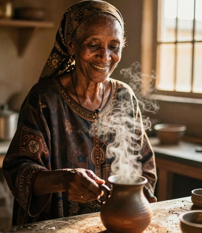 Warm editorial portrait of an Eritrean grandmother smiling in a sunlit kitchen, steam rising from a fresh clay coffee pot, golden-hour window light, shallow depth of field, 35mm