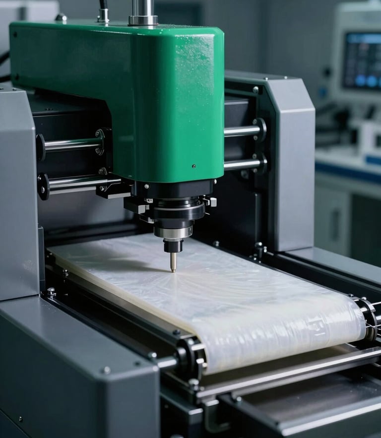 Precision automated tissue folding and packaging machinery, cleanroom environment, cool crisp lighting with tech-emerald accents, high-contrast shadows