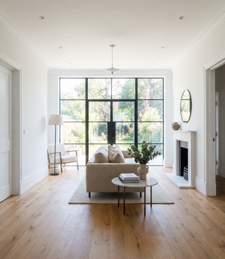 Straight-on bright architectural photography of a freshly completed modern living room with pristine white moldings, clean paint edges, and warm wood floors, flooded with natural daylight through a large window, 35mm lens.