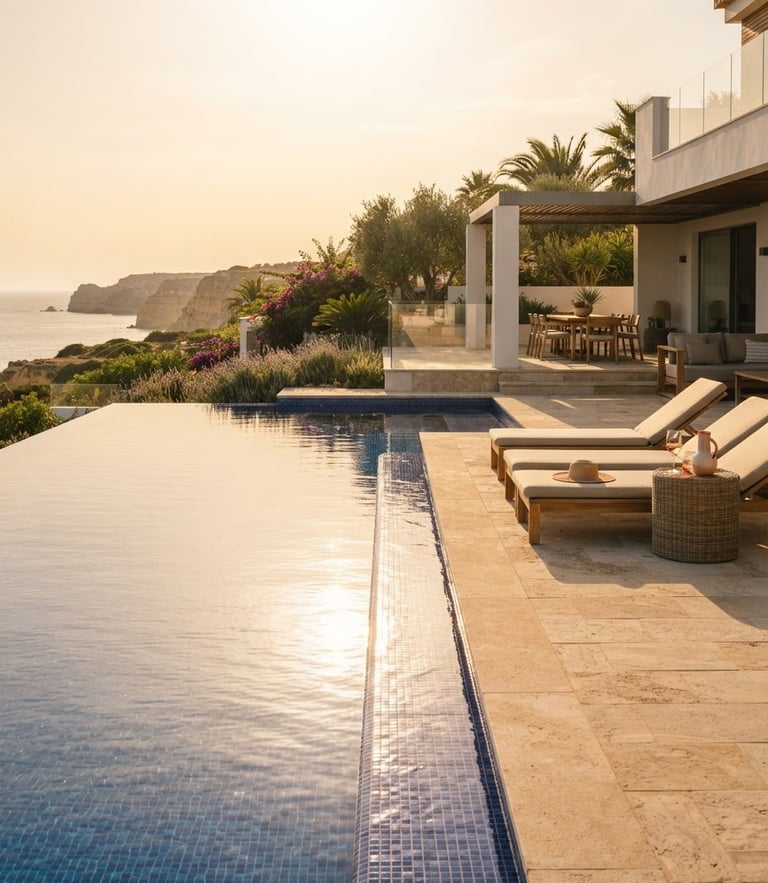 Warm editorial photography of a sun-drenched luxury villa pool terrace in the Algarve, golden-hour sunlight reflecting on calm water, clean architectural lines, 35mm