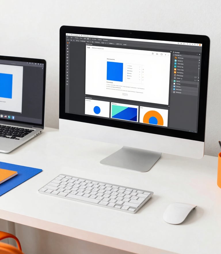 Bright high-key photography of a modern creative workspace, clean desktop setup with design mockups, safety orange details, natural daylight, 35mm
