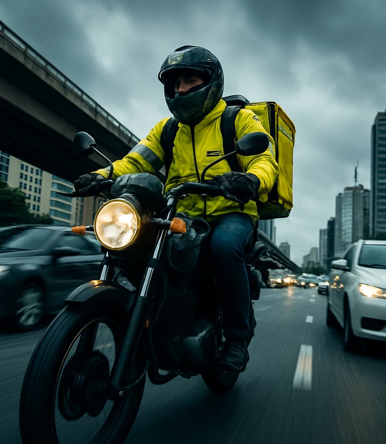 Dynamic low-angle shot of a motorcycle courier in a high-visibility yellow jacket riding through São Paulo traffic, motion blur, overcast urban sky, 35mm lens
